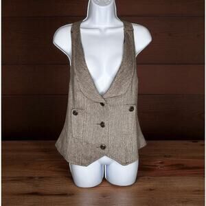 NWT Lucy Paris Herringbone Sleeveless Button Front Waistcoat Tan Women's Size L